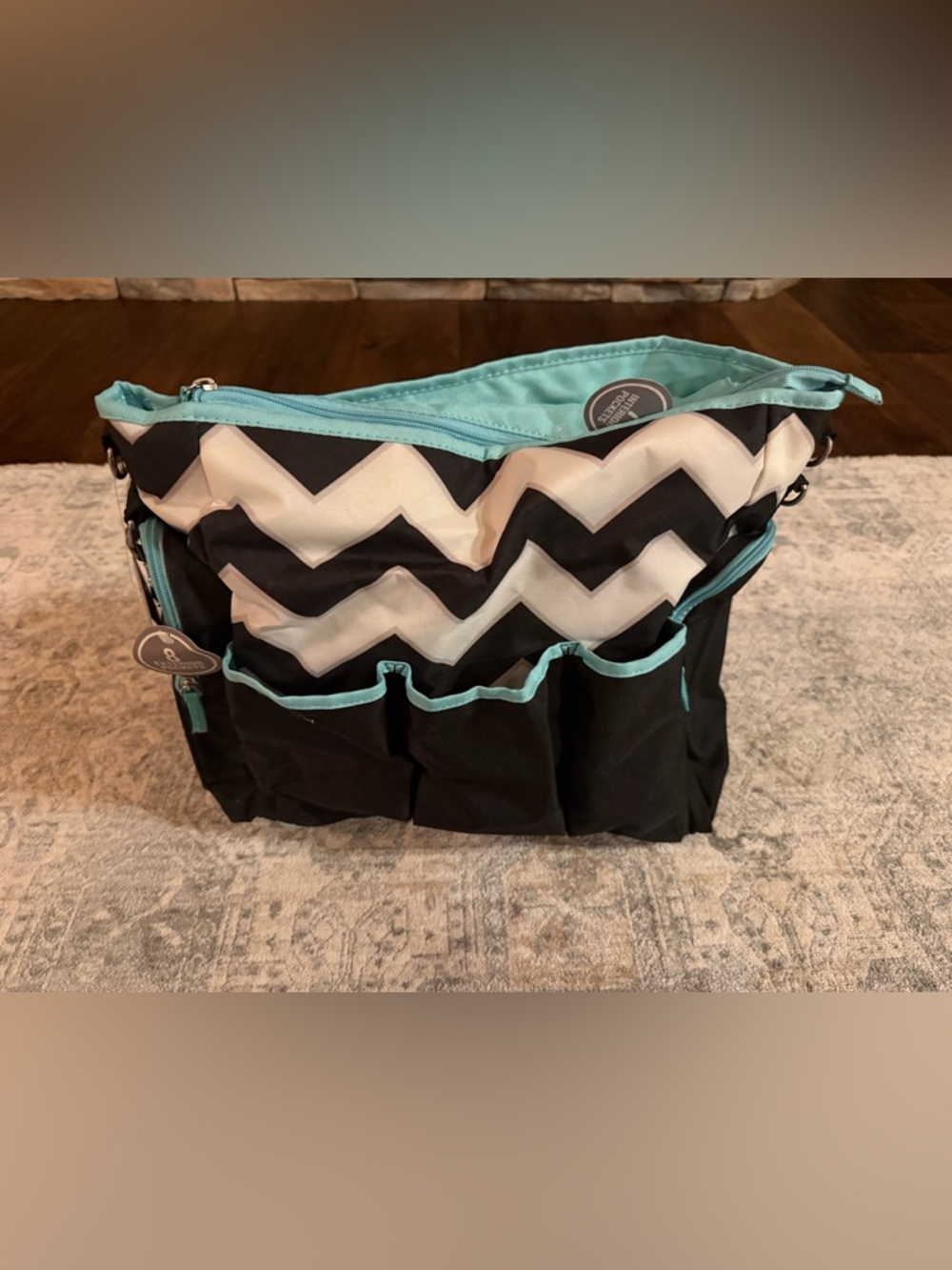 Chevron Baby Bag Organizer Tote in Black, White & Aqua